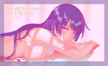 1girl artist_name bakemonogatari blue_eyes border breasts closed_mouth eyelashes large_breasts lips long_hair looking_at_viewer lying monogatari_(series) on_stomach pink_background purple_border purple_hair rapa_rachi senjougahara_hitagi shadow solo topless_female twitter_username upper_body