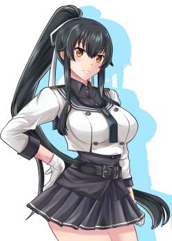 1girl absurdres belt black_belt black_hair black_sailor_collar black_skirt breasts brown_eyes commentary_request cowboy_shot gloves hair_between_eyes hand_on_own_hip highres kantai_collection large_breasts long_hair looking_at_viewer nipa_(graf_xsr900) pleated_skirt ponytail ribbon sailor_collar shirt sidelocks simple_background skirt smile solo very_long_hair white_background white_gloves white_ribbon white_shirt yahagi_(kancolle) yahagi_kai_ni_(kancolle)