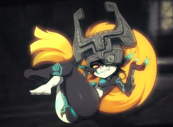 1girl ass barefoot black_skin blonde_hair blue_skin claws colored_sclera colored_skin commentary english_commentary fang glowing glowing_ears glowing_hair glowing_nails glowing_nipples glowing_pussy glowing_tattoo helmet highres imp legs_up midna multicolored_skin naughty_face neon_trim nintendo nipples no_pussy one_eye_covered pear-shaped_figure pointy_ears prehensile_hair pussy pussy_peek red_eyes sharp_teeth shortstack smile smirk tattoo teeth the_legend_of_zelda the_legend_of_zelda:_twilight_princess two-tone_skin variant_set wildblur yellow_sclera
