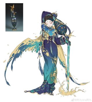 ajiu_nine_ajiu analogous_colors aqua_capelet aqua_robe arm_behind_head arm_up bead_necklace beads black_hair black_nails blue_robe bracelet capelet closed_eyes color_contrast contrapposto crossed_legs dress eyeshadow facial_mark fake_nails feathered_wings forehead_mark full-body_tattoo gradient_clothes hand_up head_tilt jewelry liangbatou light_smile lipstick liquid long_dress long_sleeves makeup mandarin_collar nail_polish necklace original parted_hair personification photo_inset pouring red_eyeshadow reference_inset robe short_hair shoulder_support solo standing tassel tassel-trimmed_capelet tattoo third-party_source two-tone_robe vase very_short_hair watermark watson_cross weibo_watermark white_background wings yellow_trim yunjian