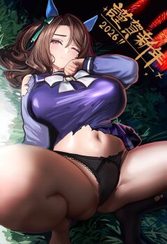 1girl 2026 alternate_breast_size_(larger) animal_ears asdkd123 black_panties blush breasts brown_hair closed_mouth commentary_request ear_covers highres horse_ears horse_girl horse_tail king_halo_(umamusume) large_breasts looking_at_viewer medium_hair navel no_pants one_eye_closed one_side_up panties purple_sailor_collar purple_shirt sailor_collar sailor_shirt school_uniform shirt solo stomach tail thick_thighs thighs torn_clothes torn_shirt tracen_school_uniform translation_request umamusume underwear