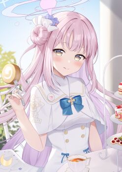 1girl absurdres angel_wings blue_archive blue_bow blush bow breasts buttons cake capelet closed_mouth crescent crescent_pin dessert double-breasted dress feathered_wings fingernails flower food fork gold_trim hair_bun hair_flower hair_ornament halo highres holding holding_fork long_hair looking_at_viewer low_wings medium_breasts mika_(blue_archive) mochiko_(uyu_omochi) pink_hair pink_halo purple_flower single_side_bun smile solo swiss_roll tongue tongue_out very_long_hair white_capelet white_dress white_wings wing_ornament wings yellow_eyes