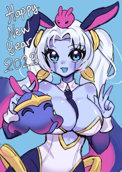 Rule 34 | 1girl, 2023, absurdres, animal ears, bare shoulders, between breasts, biyon tran, blue background, blue eyes, blue necktie, blue skin, breasts, colored skin, commentary, cosmic destiny nami, detached collar, detached sleeves, english commentary, fake animal ears, happy new year, highres, large breasts, league of legends, leotard, long hair, looking at viewer, nami (league of legends), necktie, necktie between breasts, new year, official alternate costume, open mouth, rabbit ears, simple background, smile, solo, strapless, strapless leotard, twintails, upper body, w, white hair, white leotard