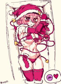 Rule 34 | 1girl, absurdres, alternate costume, bound, bound wrists, bra, breasts, christmas, cleavage, commentary request, fingerless gloves, fur-trimmed gloves, fur-trimmed headwear, fur trim, gloves, hair between eyes, hat, heart, heart-shaped pupils, highres, komeiji koishi, komeiji satori, korean commentary, large breasts, navel, panties, pink eyes, pink hair, rampa93, red bra, red gloves, red hat, red panties, red thighhighs, ribbon-trimmed thighhighs, ribbon trim, santa costume, santa hat, solo, spoken heart, stomach, sweat, symbol-shaped pupils, thighhighs, touhou, twitter username, underwear