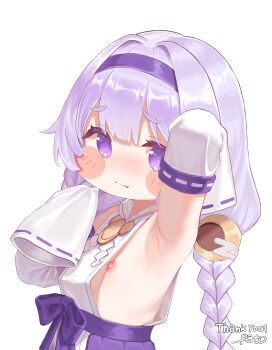 1girl absurdres arm_behind_back armpits artist_name blush_stickers braid breasts closed_mouth crescent crescent_hair_ornament detached_sleeves english_text flat_chest from_side hair_intakes hair_ornament hairband hakama hakama_skirt highres japanese_clothes loli long_sleeves looking_at_viewer low_twin_braids nipples nontraditional_miko patricia_(user_akmz2845) purple_eyes purple_hair purple_hairband purple_trim sideboob signature simple_background skirt solo trickcal twin_braids upper_body white_background white_sleeves wide_sleeves yomi_(trickcal)