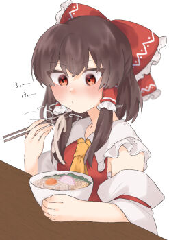 Rule 34 | 1girl, bare shoulders, blowing on food, blush, bow, bowl, brown hair, chopsticks, closed mouth, colored eyelashes, commentary request, detached sleeves, eating, egg, egg yolk, food, frilled bow, frilled hair tubes, frills, hair bow, hair tubes, hakurei reimu, highres, holding, holding bowl, holding chopsticks, japanese clothes, kamaboko, long hair, necktie, nontraditional miko, noodles, red bow, red eyes, red shirt, ribbon-trimmed sleeves, ribbon trim, shirt, sidelocks, simple background, solo, soup, thick eyelashes, touhou, udon, upper body, uzuki (amayadori), white background, yellow necktie