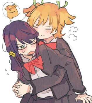 2girls :3 animalization bell black-framed_eyewear blonde_hair blush bow bowtie cetacea_kw closed_eyes closed_mouth collared_shirt commentary curled_fingers daiba_nana dog dot_nose facing_another flipped_bangs flying_sweatdrops front-to-back glasses green_eyes green_ribbon grey_jacket grey_skirt hair_bell hair_between_eyes hair_ornament highres hoshimi_junna hug hug_from_behind image_in_thought_bubble interlocked_fingers jacket leaning_on_person long_hair long_sleeves looking_back low_side_ponytail multiple_girls no_nose one_eye_closed open_clothes open_jacket open_mouth own_hands_together puff_of_air purple_hair red_bow red_bowtie ribbon school_uniform seishou_music_academy_uniform shirt shirt_tucked_in short_hair shoujo_kageki_revue_starlight sketch skirt speech_bubble sweatdrop thought_bubble tongue tongue_out two_side_up upper_body v-shaped_eyebrows white_background white_shirt