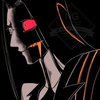 1boy black_background black_hair colored_sclera colored_teeth commentary crying crying_with_eyes_open english_commentary evermuunn furrowed_brow grin hazbin_hotel hellaverse highres jacket long_hair looking_to_the_side male_focus mismatched_pupils portrait red_sclera sharp_teeth simple_background sir_pentious sir_pentious_(human) smile solo split_theme striped_clothes striped_jacket tears teeth tusks white_eyes yellow_teeth