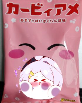 &gt;_&lt; ahoge blue_archive blush_stickers chibi closed_eyes commentary_request flying_sweatdrops grey_hair hair_ornament hairclip highres hina_(blue_archive) horns kirby kirby_(series) kurukurumagical long_hair nintendo open_mouth parted_bangs photo_background single_hair_intake solo translation_request