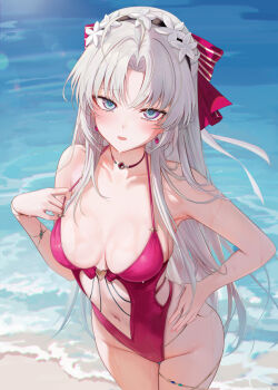1girl alternate_costume aqua_eyes bare_shoulders beach blue_eyes blush bow breasts carlotta_(wuthering_waves) casual_one-piece_swimsuit center_opening chinese_commentary collarbone commentary_request cowboy_shot earrings flower hair_bow hair_flower hair_ornament hand_on_own_hip highleg highleg_one-piece_swimsuit highres jewelry large_breasts long_hair looking_at_viewer navel one-piece_swimsuit outdoors paid_reward_available parted_bangs parted_lips pink_bow pink_one-piece_swimsuit revision ru_zhai shore solo stomach striped_bow swimsuit very_long_hair water wet white_hair wuthering_waves