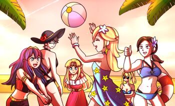6+girls ass ball bare_shoulders bayonetta bayonetta_(series) beach beachball bikini bikini_skirt black_hair blonde_hair blue_eyes blue_hair bracelet breasts cleavage crossover dress earrings female_focus fire_emblem fire_emblem_awakening glasses hat highres jewelry long_hair lucina_(cipher_swimsuit)_(fire_emblem) lucina_(fire_emblem) mario_(series) metroid midriff multiple_girls navel necklace nintendo open_mouth palm_tree playing princess_zelda rosalina rosalina_(swimwear) samus_aran short_hair smile sunset super_smash_bros. swimsuit the_legend_of_zelda tiara tree water wii_fit wii_fit_trainer wii_fit_trainer_(female)