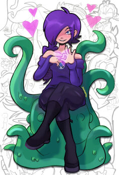 Rule 34 | 4chan, bare shoulders, biting own lip, black boots, black pantyhose, blue eyes, boots, character request, commentary, crossed legs, english commentary, full body, hair over one eye, heart, highres, implied tentacle sex, koiwai yotsuba, lemmy (zone), long hair, looking at viewer, mkmaffo, monochrome background, nyan cat, original, pantyhose, penetration gesture, print sweater, purple hair, purple sweater, sitting, sitting on tentacle, skull print, solo focus, sweater, tentacles, wt snacks, yotsubato!, zone-tan