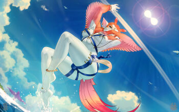 1girl animal_ears artist_logo artist_name barefoot bracelet bulge claws commentary dated english_commentary feathers fingernails futanari harpy highres jewelry logo monster_girl original pearl_anklet pearl_bracelet sharp_fingernails sharp_toenails solo themaestronoob toe_ring toenails water winged_arms wings