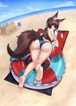 1girl absurdres animal_ears ass ass_cutout ball beach beachball bikini blue_bikini blue_sky blush breasts bucket butt_crack closed_mouth clothing_cutout cloud commentary feet full_body highres horizon imaizumi_kagerou large_breasts long_hair looking_at_viewer lying mikotouca ocean on_stomach outdoors red_eyes sand_castle sand_sculpture sky soles solo suggestive_fluid swimsuit tail topless_female touhou towel undone_bikini variant_set wolf_ears wolf_girl wolf_tail