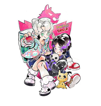 2boys ahoge allister_(pokemon) backpack bag black_jacket blue_pants boots brown_hair copyright_name eyelashes full_body gen_7_pokemon green_eyes grey_shirt holding holding_mask holding_poke_ball hood hood_down hooded_jacket jacket knees light_blush long_sleeves male_focus mask mimikyu multicolored_hair multicolored_jacket multiple_boys nail_polish nintendo open_mouth pants parted_bangs poke_ball pokemon pokemon_(creature) pokemon_swsh purple_eyes purple_hair purple_nails purple_sweater reaching sevten_(ashkeroth) shield shirt shoes short_hair simple_background sitting smile sneakers streaked_hair sweater t-shirt teeth upper_teeth_only victor_(pokemon) white_background white_bag white_footwear white_hair white_mask wolf