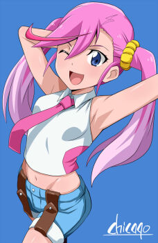 1girl armpits bandai bare_shoulders blouse blue_background chicago-x digimon digimon_universe:_appli_monsters female_focus from_above highres karan_eri looking_at_viewer one_eye_closed pink_hair shirt shorts sleeveless sleeveless_shirt smile solo wink