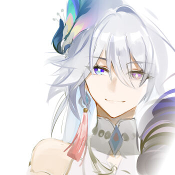 1girl absurdres blue_eyes bright_pupils china_dress chinese_clothes diamond-shaped_pupils diamond_(shape) dress earrings fur_trim hair_between_eyes hashtag-only_commentary heterochromia highres honkai:_star_rail honkai_(series) jewelry light_smile necklace peacock_feathers_hair_ornament purple_eyes qing_ning_elsa single_earring sleeveless symbol-shaped_pupils tassel tassel_earrings white_background white_hair white_pupils yao_guang_(honkai:_star_rail)