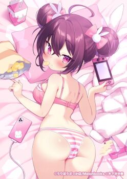 1girl ahoge ass blush bow bra breasts brown_hair cellphone charger chips_(food) copyright_notice cowboy_shot crossed_bangs double_bun drink_carton eating food food_on_face from_above hair_between_eyes hair_bow hair_bun hands_up head_on_pillow holding indoors legs_together looking_at_viewer looking_back lying medium_breasts medium_hair msp_sammy nintendo_switch on_bed on_stomach original panties phone pillow pink_bow pink_bra pink_eyes pink_panties pocky smartphone solo striped_clothes striped_panties tsurime underwear
