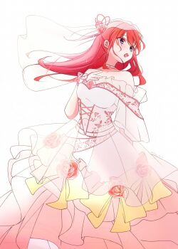 1girl absurdres bare_shoulders blue_eyes bridal_veil bride choker dress floating_hair flower gloves hair_flower hair_ornament hand_on_own_chest highres long_hair looking_to_the_side off-shoulder_dress off_shoulder open_mouth pink_flower pink_rose rain_re_a re:zero_kara_hajimeru_isekai_seikatsu red_hair rose solo theresia_van_astrea veil wedding_dress white_background white_dress