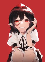 Rule 34 | 1girl, absurdres, black hair, black ribbon, black skirt, blood, blood on face, blood on sleeves, breasts, collared shirt, commentary request, empty eyes, frilled skirt, frills, grin, hat, highres, looking at viewer, neck ribbon, pointy ears, puffy short sleeves, puffy sleeves, red background, red eyes, red hat, ribbon, shameimaru aya, shirt, short hair, short sleeves, simple background, skirt, small breasts, smile, solo, squatting, tokin hat, toraneko 2, touhou, white shirt