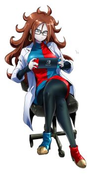 Rule 34 | 1girl, 71 (nanaichi drafting), android 21, black nails, blue eyes, boots, brown hair, chair, color connection, crossed legs, dragon ball, dragon ball fighterz, dress, earrings, female focus, fingerless gloves, full body, game console, glasses, gloves, high heel boots, high heels, hoop earrings, jewelry, lab coat, long hair, messy hair, multicolored dress, nail polish, nintendo, nintendo switch, office chair, pale skin, pantyhose, playing games, short dress, simple background, sitting, solo, sweatdrop, swivel chair, two-tone dress, white background