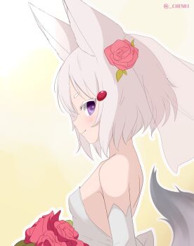 1girl absurdres animal_ears artist_name breasts chenki_(chenki) closed_mouth commentary dress elbow_gloves english_commentary flower fox_ears fox_girl fox_tail from_side gloves hair_flower hair_ornament highres looking_at_viewer looking_to_the_side phase_connect purple_eyes red_flower red_rose rose small_breasts smile solo tail tenma_maemi thick_eyebrows twitter_username veil virtual_youtuber wedding_dress white_hair