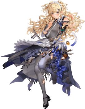 1girl apron blonde_hair blue_dress blue_eyes burnt_clothes cupcake dress drink elbow_gloves food full_body gloves grey_gloves grey_thighhighs hair_ornament hairclip hoshiakari_(c2_kikan) kantai_collection looking_at_viewer maid maid_headdress minneapolis_(halloween)_(kancolle) minneapolis_(kancolle) official_art patchwork_clothes solo thighhighs third-party_source transparent_background tray two_side_up wavy_hair white_apron