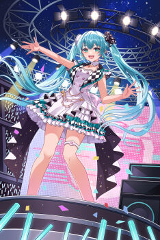 1girl aqua_eyes aqua_hair bare_arms breasts collarbone dress feng_shao_kky_(arj0522) frilled_dress frills hair_between_eyes hair_ornament hatsune_miku highres long_hair looking_at_viewer medium_breasts more_more_jump!_miku project_sekai sleeveless sleeveless_dress smile solo stage stage_lights thigh_strap twintails very_long_hair vocaloid white_dress