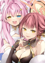 Rule 34 | 2girls, ahoge, aru (blue archive), bare shoulders, black dress, blue archive, blue eyes, blush, breasts, cleavage, cleavage cutout, clothing cutout, double bun, dress, gold trim, hair between eyes, hair bun, halo, heterochromia, highres, horns, hoshino (blue archive), large breasts, long hair, looking at viewer, multiple girls, natsume eri, open mouth, pink hair, small breasts, smile, white dress, yellow eyes