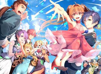 5girls 6+boys agate_crosner ahoge anniversary antenna_hair bare_shoulders black_hair blonde_hair blue_hair blue_sky bow bowtie breasts brooch cleavage_cutout closed_eyes clothing_cutout cloud cross_scar dated don_capua dress earrings eiyuu_densetsu english_text estelle_bright facial_scar formal_clothes green_eyes hair_between_eyes hands_on_own_hips high_heels jewelry josette_capua joshua_bright kloe_rinz kyle_capua large_breasts long_hair multiple_boys multiple_girls olivert_reise_arnor open_mouth outdoors ponytail purple_eyes purple_hair red_eyes red_hair scar scar_on_cheek scar_on_face scherazard_harvey sidelocks signature sky sleeveless small_breasts smile sora_no_kiseki suit tinybiard tita_russell twintails twitter_username white_hair yellow_eyes zin_vathek