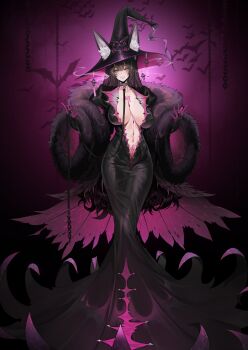 Rule 34 | 1girl, absurdres, alternate costume, animal ears, azur lane, black dress, black hair, black hat, breasts, commentary request, dishwasher1910, dress, fox ears, fox girl, full body, fur trim, hat, highres, large breasts, large hat, long hair, long sleeves, looking at viewer, musashi (azur lane), navel, parted lips, purple background, smile, solo, standing, wide sleeves, witch hat, yellow eyes