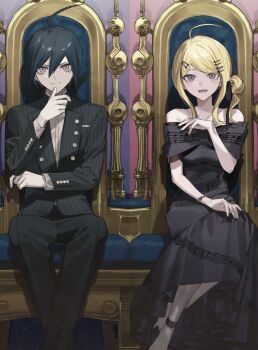 1boy 1girl ahoge akamatsu_kaede black_hair blonde_hair breasts brown_eyes collared_shirt danganronpa_(series) danganronpa_v3:_killing_harmony formal_clothes fortissimo hair_ornament jacket large_breasts long_hair long_sleeves moon_(moon0771110) musical_note musical_note_hair_ornament pink_eyes pleated_skirt saihara_shuichi shirt short_hair skirt smile third-party_source white_shirt