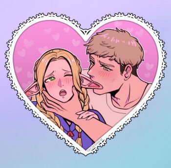 Rule 34 | 1boy, 1girl, biting, biting ear, blonde hair, blue border, blush, border, braid, cheekbones, cloak, couple, dungeon meshi, elf, furrowed brow, green eyes, hand on another's chin, hetero, highres, holding another's wrist, kissing ear, laios touden, long hair, marcille donato, one eye closed, open mouth, parted bangs, pink background, pointy ears, purple cloak, shirt, short hair, tatjasng12, twin braids, upper body, white shirt