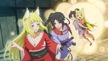 2girls :d aged_down animal_ear_fluff animal_ears anime_coloring arched_bangs black_hair black_sash blonde_hair blush breasts brick_floor cleavage closed_mouth danmachi_battle_chronicle dungeon_ni_deai_wo_motomeru_no_wa_machigatteiru_darou_ka fox_ears fox_girl fox_tail game_cg gloves green_eyes highres holding_hands imagining japanese_clothes katana kimono long_hair looking_at_another medium_breasts multiple_girls no_pupils non-web_source obi official_art open_mouth parted_bangs parted_lips purple_eyes purple_kimono red_gloves red_kimono red_sash remembering sandals sanjouno_haruhime sash sheath sheathed short_kimono side_ponytail single_sode smile sword tail waist_sash weapon yamato_mikoto