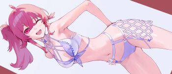 1girl bikini blush breasts cleavage commentary crossed_bangs hair_between_eyes hair_flaps highres idolmaster idolmaster_shiny_colors komiya_kaho long_hair looking_at_viewer medium_breasts navel olys one_eye_closed open_mouth red_eyes red_hair side_ponytail smile solo stomach swimsuit symbol-only_commentary thighs white_bikini