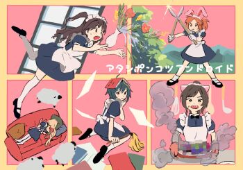 5girls abe_nana ahoge animal_ears apron atashi_ponkotsu_android_(idolmaster) bad_food black_hair blonde_hair blue_dress blush book book_on_head border brown_eyes brown_hair bush cat_ears censored censored_food clumsy collage commentary_request couch determined dress duster fake_animal_ears falling_paper fang flower futaba_anzu gardening_shears glint highres holding holding_duster idolmaster idolmaster_cinderella_girls ketsuro kohinata_miho ladle legs_apart maekawa_miku maid maid_apron maid_headdress mary_janes mosaic_censoring mountainous_horizon multiple_girls object_on_head on_couch one_side_up open_mouth orange_eyes orange_hair oven_mitts pink_background ponytail puffy_short_sleeves puffy_sleeves rabbit_ears sheep shimamura_uzuki shoes short_dress short_sleeves sitting sleeping small_sweatdrop smoke spatula spilling thighhighs translation_request tripping vase wariza white_thighhighs window yellow_border