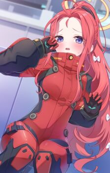 Rule 34 | 1girl, black bodysuit, black gloves, blue archive, blush, bodysuit, bow, commentary request, dutch angle, forehead, furrowed brow, gloves, hair bow, hair tie, halo, hands up, knees together feet apart, long hair, long sidelocks, mecha pilot suit, multicolored bodysuit, multicolored gloves, official alternate costume, official alternate hairstyle, open mouth, pouch, purple eyes, red bodysuit, red gloves, red hair, shinori (efvbji6264), sidelocks, sitting, thigh pouch, two-tone bodysuit, two-tone gloves, very long hair, white bow, yellow halo, yuzu (armed) (blue archive), yuzu (blue archive)