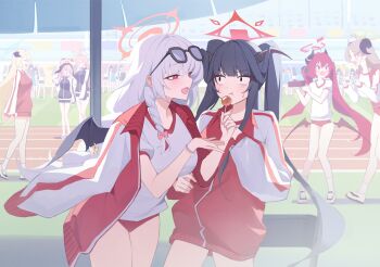 6+girls :t absurdres akari_(blue_archive) alternate_costume backlighting black_hair black_horns blue_archive blunt_bangs blush bow braid buruma closed_mouth commentary cowboy_shot dango dated_commentary day demon_girl demon_horns demon_wings eating eyewear_on_head fang feeding food full_body fuuka_(blue_archive) gourmet_research_society_(blue_archive) grey_hair gym_shirt gym_uniform hair_bow halo hanako_(blue_archive) hands_up haruna_(blue_archive) haruna_(track)_(blue_archive) highres holding holding_bento holding_food horns izumi_(blue_archive) jacket jacket_on_shoulders jitome junko_(blue_archive) koharu_(blue_archive) long_hair looking_at_another low_wings mill_bbang multiple_girls official_alternate_costume open_mouth outdoors pink_bow pink_hair pink_halo red_buruma red_eyes red_hair red_halo red_jacket shirt single_braid sparkle standing sunglasses sweatdrop track_jacket tsurime twintails v-shaped_eyebrows very_long_hair wagashi white_shirt wings