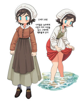 1girl blue_eyes breasts brown_hair cleavage clothes_lift commentary_request dual_persona fang highres kojirou_(mesurf1) korean_commentary korean_text medieval original robin_(batrobin_k) short_hair simple_background skirt skirt_lift small_breasts white_background