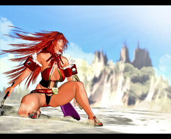 1girl armband axe bare_shoulders black_panties breasts cleavage highleg highleg_panties kill_the_king large_breasts long_hair nail_polish on_one_knee panties red_hair red_nails revealing_clothes solo squatting sword thighs underwear weapon