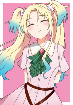 1girl ^_^ absurdres ascot blonde_hair blue_hair blush border closed_eyes cowboy_shot curtained_hair dream_believers dress flower gradient_hair green_ascot hair_flower hair_ornament highres kanzaki_gou link!_like!_love_live! love_live! multicolored_hair osawa_rurino outside_border parted_bangs pink_background pink_dress pink_flower short_sleeves simple_background solo twintails virtual_youtuber white_border