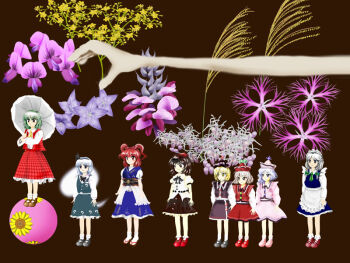 6+girls apron ascot black_bow black_bowtie black_hairband black_hat black_skirt black_vest blonde_hair blue_eyes blue_skirt blush_stickers bow bowtie braid brown_shoes coin coin_on_string commentary_request flower geta green_bow green_skirt green_vest grey_hair hair_bobbles hair_ornament hairband hat hitodama hitodama_print holding holding_umbrella izayoi_sakuya kams kazami_yuuka konpaku_youmu konpaku_youmu_(ghost) lunasa_prismriver lyrica_prismriver maid maid_apron maid_headdress merlin_prismriver multiple_girls onozuka_komachi pink_hat pink_shoes pink_skirt pink_vest plaid_clothes plaid_skirt plaid_vest red_eyes red_hair red_hat red_shoes red_vest sash shameimaru_aya shirt shoes short_hair skirt socks standing_on_ball tokin_hat touhou twin_braids twintails umbrella vest white_hair white_shirt white_socks yellow_ascot yellow_eyes