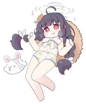 1girl ahoge bare_arms bare_shoulders barefoot bikini black_hair blue_archive blush_stickers braid brown_hat chibi full_body halo hat hat_on_back leaf leaf_on_head leaf_print long_hair looking_at_viewer low_twintails miranofuudoria miyu_(blue_archive) miyu_(swimsuit)_(blue_archive) parted_lips print_bikini simple_background solo straw_hat swimsuit teardrop tears twin_braids twintails very_long_hair white_background white_bikini