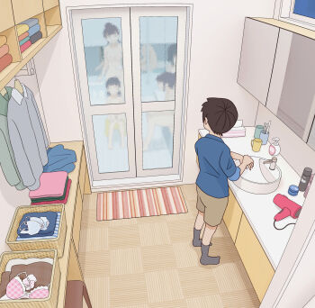 1boy 4girls bath bathroom black_hair black_socks blue_shirt bow bow_bra bra breasts brown_shorts clothes_hanger door faucet green_shirt grey_shirt hair_bun hair_dryer highres kiyo_(kyokyo1220) lace lace-trimmed_bra lace_trim laundry_basket loli long_sleeves low_twintails multiple_girls nipples nude original pink_bow pink_bra plaid_bra plaid_clothes rug shirt short_hair short_sleeves shorts sink sitting small_breasts soap_bottle socks standing stool striped_bra striped_clothes tissue tissue_box towel twintails underwear unworn_bra unworn_shirt white_bow white_bra window