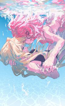 2girls air_bubble amaori_renako bikini black_bikini blonde_hair blue_eyes blush bubble esubui eye_contact floating_hair frilled_bikini frills hair_intakes hair_ornament hand_on_another's_head highres interlocked_fingers long_hair looking_at_another multiple_girls ouzuka_mai pink_bikini pink_hair purple_eyes short_hair swimsuit underwater watashi_ga_koibito_ni_nareru_wake_naijan_murimuri! x_hair_ornament yuri