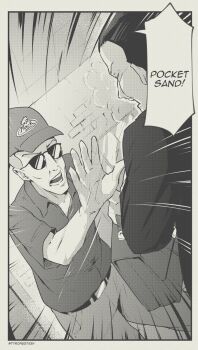 2boys bag belt closed_eyes dale_gribble english_text glasses hat highres king_of_the_hill monochrome multiple_boys pocket sand scene_reference sunglasses throwing tyrone