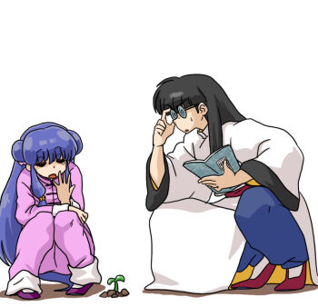 1boy 1girl black_hair book double_bun glasses hair_bun long_hair mousse_(ranma_1/2) plant purple_hair ranma_1/2 shampoo_(ranma_1/2) simple_background wanta_(futoshi) white_background