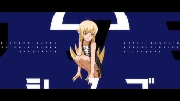 1girl all_fours bare_arms bare_legs barefoot black_border black_dress blonde_hair blue_background border center_frills character_name closed_mouth collarbone dress english_text flipped_hair frills full_body hair_between_eyes hair_flaps hands_on_floor jitome knees_up letterboxed light_blush light_frown long_hair looking_at_viewer monogatari_(series) orange_eyes oshino_shinobu petticoat pointy_ears shoulder_blush sidelocks solo sonikkusupin sundress tiptoes upside-down_text very_long_hair