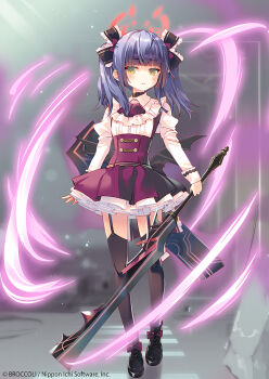 1girl arikawa_satoru black_collar black_shoes black_thighhighs black_wings bow collar copyright_notice dress footwear_bow hair_bow halo holding holding_sword holding_weapon long_hair looking_at_viewer mystica_sanctus official_art purple_hair red_halo shoes solo sword thighhighs twintails weapon wings yellow_eyes z/x