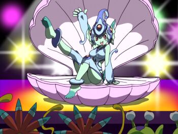 1girl 6+boys 6+others anime_screenshot anklet arm_support arm_up ass audience barefoot clam clothing_cutout curvy digimon digimon_(creature) digimon_frontier feet female_focus fingerless_gloves fins frog_girl gloves head_fins helmet jewelry leg_up multiple_boys multiple_others numemon one-piece_swimsuit open_mouth ranamon red_eyes ryona salute sitting smile stage stage_lights swimsuit thigh_cutout thighs vegimon waving wide_hips